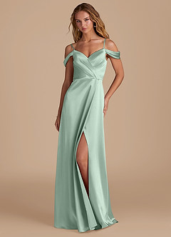Azazie Ocean Final Sale Agave A-Line Off the Shoulder Metallic Satin Dress image3