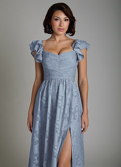 Azazie Anaya At-home Try On Dresses Dusty Blue A-Line Ruched Floral Burnout Dress image3