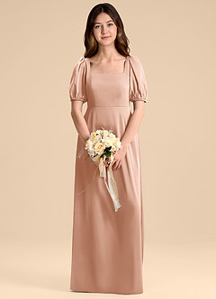 Azazie Briar Junior Vestido de Oro Rosa de Satén Elástico de Corte en A con Lazo image1