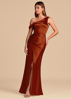 Azazie Madelyn 신부 들러리 드레스 인어 오프 더 숄더 메탈릭 새틴 바닥 길이 드레스 image3