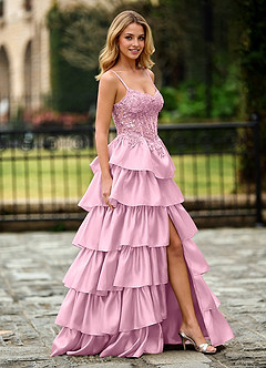 Jasmunya Pink Ruffle Floral Corset Prom Dress with Slit image6
