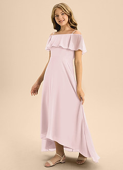 Azazie Maggie Junior Blushing Pink A-Line Off the Shoulder Chiffon Dress image4