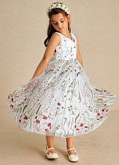 Azazie Arianna vestidos de niña de las flores Vestido de Diamante Blanco de Tul de Corte En A con Encaje image5