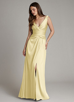 Azazie Pauline Bridesmaid Dresses Lemon Sorbet A-Line Pleated Stretch Satin Dress image1