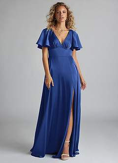 Azazie Kimber Brautjungfernkleider A-Linie Gestreift Stretch-Satin Kleid Königsblau image3