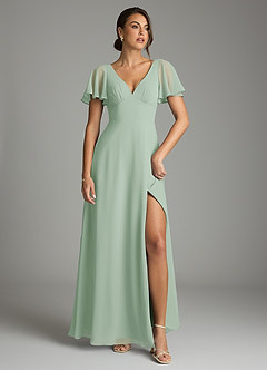 Azazie Kimber Bridesmaid Dresses Agave A-Line Flounce Sleeve Chiffon Dress image2