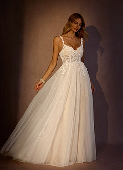 Azazie Florian Wedding Dresses Diamond White Champagne A-Line V-Neck Sequins Tulle Dress image5