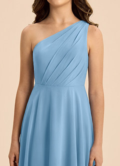 Azazie Phaedra Junior Steel Blue A-Line Pleated Chiffon Dress image7