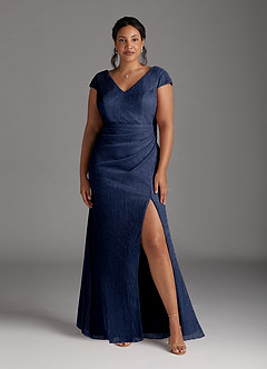 Azazie Galilea Mother of the Bride Dresses Dark Navy Mermaid V-Neck Metallic Mesh Dress image1