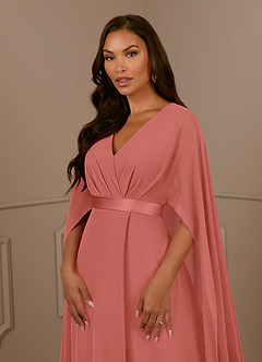 Azazie Isa Mère de la mariée Robes Robe Trapèze en Mousseline de soie Col V plissé Rose Saumon image5