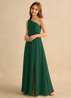 Azazie Puddles Girls Formal vestidos de niña de las flores Vestido de Verde Oscuro de Gasa de Corte en A con Hombro unilateral image4