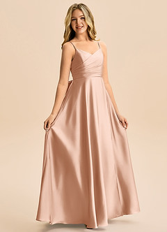 Azazie Rumi Junior Abito A-Line in Raso Elasticizzato Plissettato Oro Rosa image5