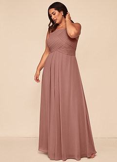 Azazie Ginger Vestidos de damas de honor Vestido de Rosa De Cedro de Gasa de Corte en A con Halter Plisado image12