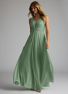 Azazie Gina Bridesmaid Dresses Matcha A-Line V-Neck Pleated Chiffon Dress image2