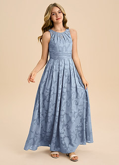 Azazie Bibiane Junior Dusty Blue A-Line Pleated Floral Burnout Dress image5