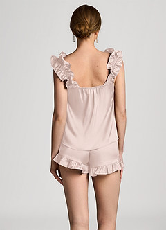 front Conjunto de pijama de satén convertible con tirantes y volantes
