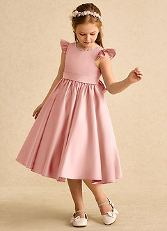 Azazie Dumpling Flower Girl Dresses Rosette A-Line Bow Matte Satin Dress image3