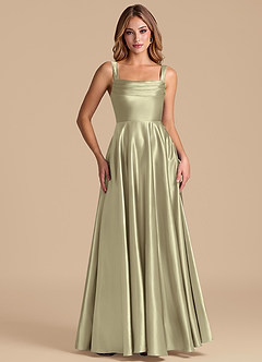 Azazie Shaude Bridesmaid Dresses Moss Green A-Line Pleated Metallic Satin Dress image5