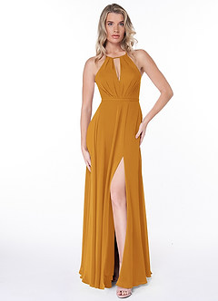 Azazie Evalleen Robes de demoiselle d'honneur Robe Trapèze en Mousseline de soie Plissée Caramel écossais image6