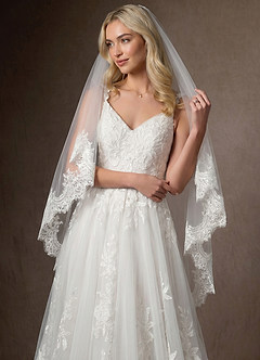front Floral Lace Edge Two Tier Fingertip Wedding Veil with Blusher