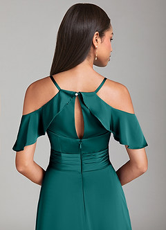 Azazie Dakota Bridesmaid Dresses Peacock A-Line Off the Shoulder Stretch Satin Dress image6