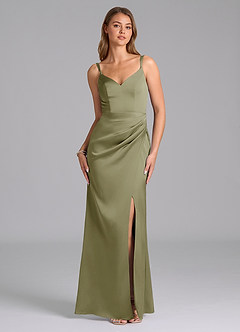 Azazie Leo Bridesmaid Dresses Pistachio Sheath Pleated Stretch Satin Dress image1