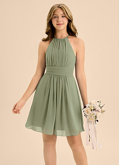 Azazie Bonnie Junior Pistachio A-Line Pleated Chiffon Dress image3