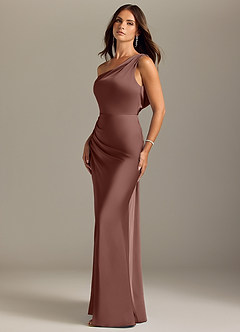 Azazie Madelyn Jurken voor bruidsmeisjes Converteerbaar Jurk van Stretch Satijn met Zeemeermin Off the Shoulder Espresso image3
