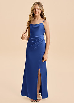 Azazie Christen Junior Vestido de Azul Real de Satén Elástico de Corte en A con Plisado image1