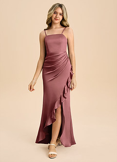 Azazie Buzzy Junior Vestido Ametista de Cetim elástico de Bainha com Plissado image5