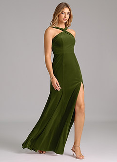 Azazie Rue Robes de demoiselle d'honneur Robe Trapèze en velours Plissée Olive image6
