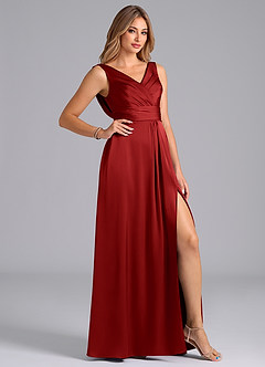Azazie Karina Bridesmaid Dresses Pomegranate A-Line Pleated Stretch Satin Dress image5