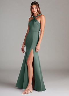 Azazie Rue Bridesmaid Dresses Sea Moss A-Line Pleated Stretch Satin Dress image5