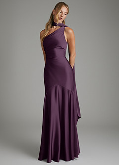 Azazie Amara Robes de demoiselle d'honneur Robe Sirène en Satin extensible Asymétrique Prune image4