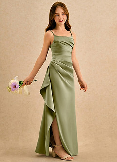Azazie Cannoli Girls Formal Robe Demoiselle D'honneur Fillette Robe Trapèze en Mat Satiné Plissée Vert Mousse image1