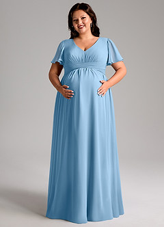 Azazie Verna Zwangerschaps Bruidsmeisjekleding A-Lijn V-hals Gerimpeld Chiffon Vloerlengte Jurk image11