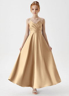 Azazie Avelina Junior Champagne A-Line Pleated Stretch Satin Dress image5
