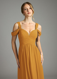 Azazie Lianne Bridesmaid Dresses Butterscotch A-Line Off the Shoulder Chiffon Dress image3