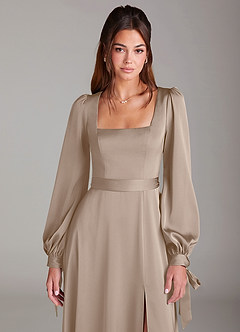 Azazie Leonia Bridesmaid Dresses Taupe A-Line Long Sleeve Stretch Satin Dress image12
