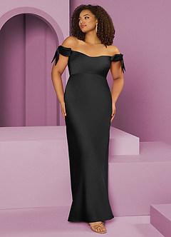 Barbie ♥ Azazie Bridesmaid Dresses Black Sheath Off the Shoulder Stretch Satin Convertible Dress image8