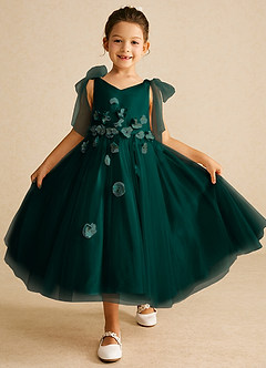 Azazie Minia Jurken voor bloemenmeisjes A-Lijn Jurk van Mat Satijn Boog Pijnboom image1