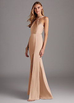 Azazie Elana Bridesmaid Dresses English Rose Sheath Side Slit Stretch Satin Dress image3