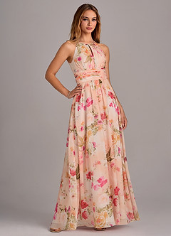 Azazie Bonnie Robes de demoiselle d'honneur Robe Trapèze en Mousseline de soie Trou de serrure froncé Bouquet Florale Abstrait image4