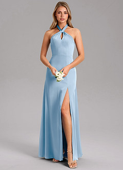 Azazie Tracie Bridesmaid Dresses Powder Blue A-Line Side Slit Stretch Satin Dress image1