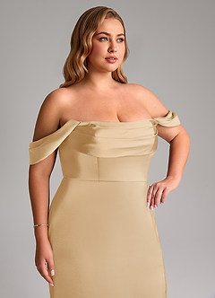 Azazie Saige Jurken voor bruidsmeisjes Jurk van Stretch Satijn met Kolom Off the Shoulder Goud image14