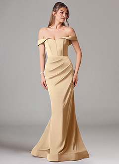 Azazie Everly Bridesmaid Dresses Champagne Mermaid Off the Shoulder Stretch Satin Convertible Dress image3
