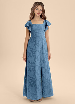 Azazie Bondi Junior Steel Blue A-Line Bow Floral Burnout Dress image5