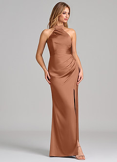 Azazie Karlotta 신부 들러리 드레스 쉬스 주름진 스트레치 새틴 바닥 길이 드레스 image5