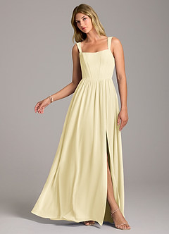 Azazie Rosaline Robes de demoiselle d'honneur Robe Trapèze en Mousseline de soie Fente Latérale Sorbet Citron image1