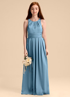 Azazie Bibiane Junior Abito A-Line in Raso Elasticizzato Plissettato Blu Acciaio image6